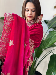 Pink Velvet Dupatta with Thread & Sequin Embroidery