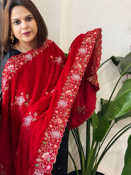 Red Velvet Dupatta with Thread & Sequin Embroidery