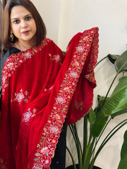 Red Velvet Dupatta with Thread & Sequin Embroidery