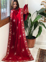 Red Velvet Dupatta with Thread & Sequin Embroidery