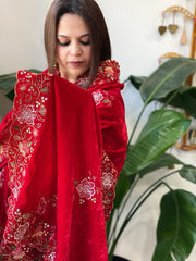 Red Velvet Dupatta with Thread & Sequin Embroidery