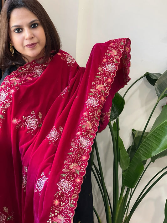 Pink Velvet Dupatta with Thread & Sequin Embroidery