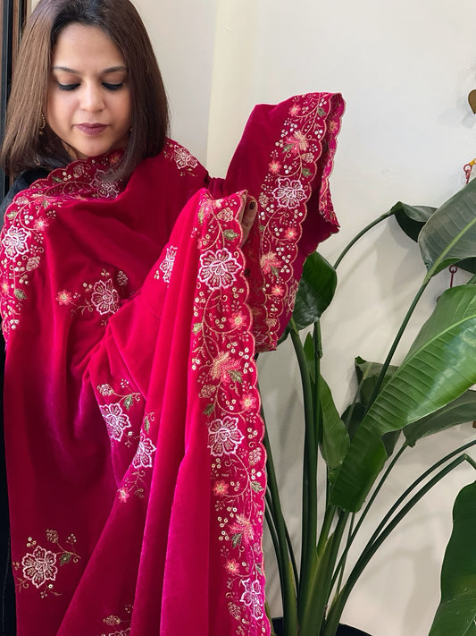 Pink Velvet Dupatta with Thread & Sequin Embroidery