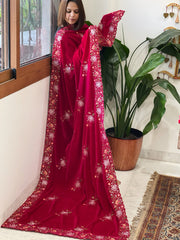 Pink Velvet Dupatta with Thread & Sequin Embroidery