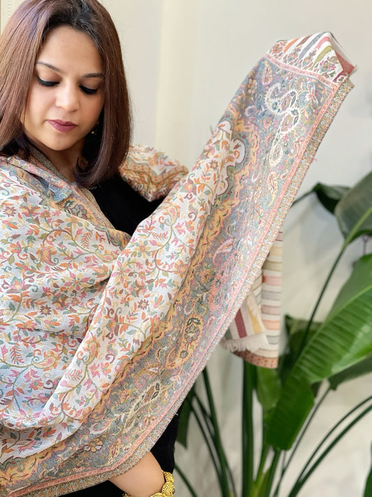 White Woven Kaani Jaal Pashmina Stole