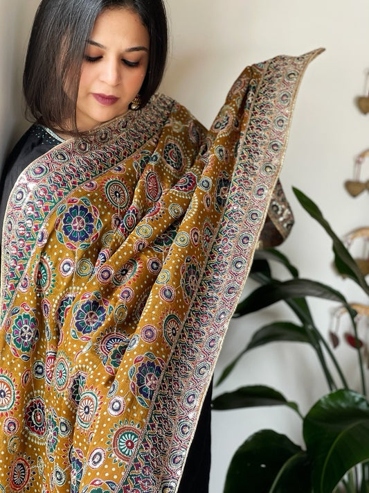 Mustard Printed Bandhej Chinon Dupatta with Embroidery