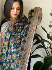 Teal Printed Bandhej Chinon Dupatta with Embroidery