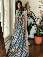 Teal Printed Bandhej Chinon Dupatta with Embroidery