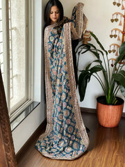 Teal Printed Bandhej Chinon Dupatta with Embroidery