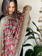 Maroon Printed Ajrakh Chinon Dupatta with Embroidery