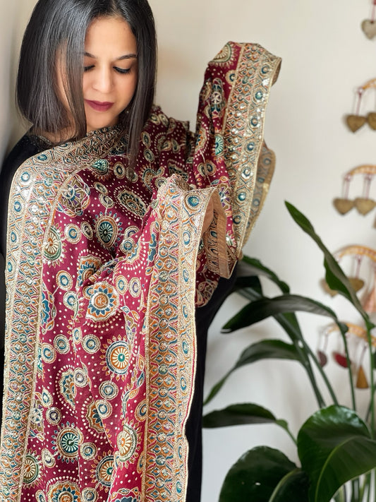 Maroon Printed Ajrakh Chinon Dupatta with Embroidery