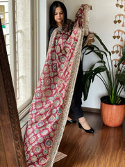 Maroon Printed Ajrakh Chinon Dupatta with Embroidery