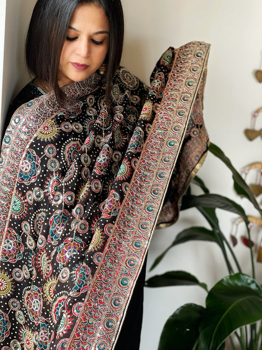 Black Printed Bandhej Chinon Dupatta with Embroidery