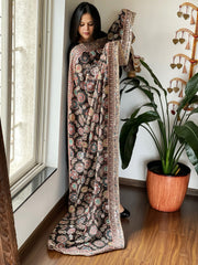 Black Printed Bandhej Chinon Dupatta with Embroidery