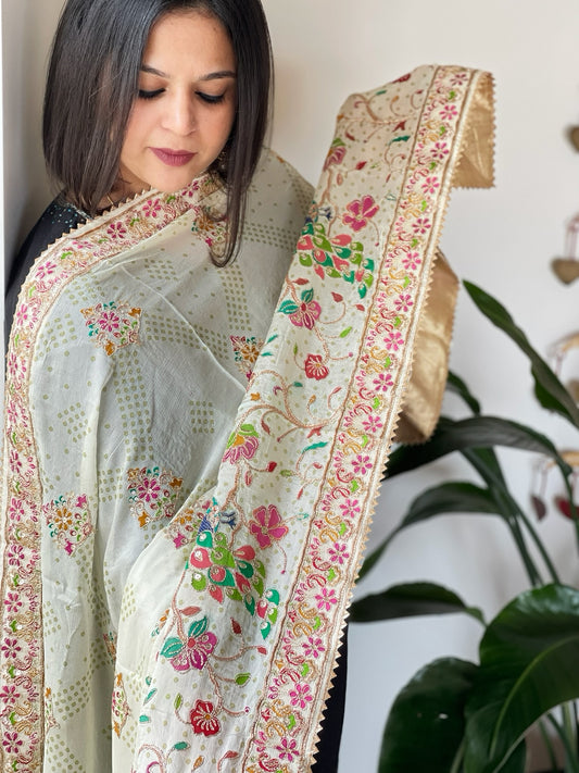 Off-White Printed Bandhej Chinon Dupatta with Embroidery