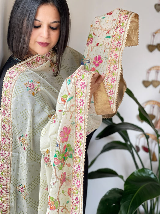 Off-White Printed Bandhej Chinon Dupatta with Embroidery