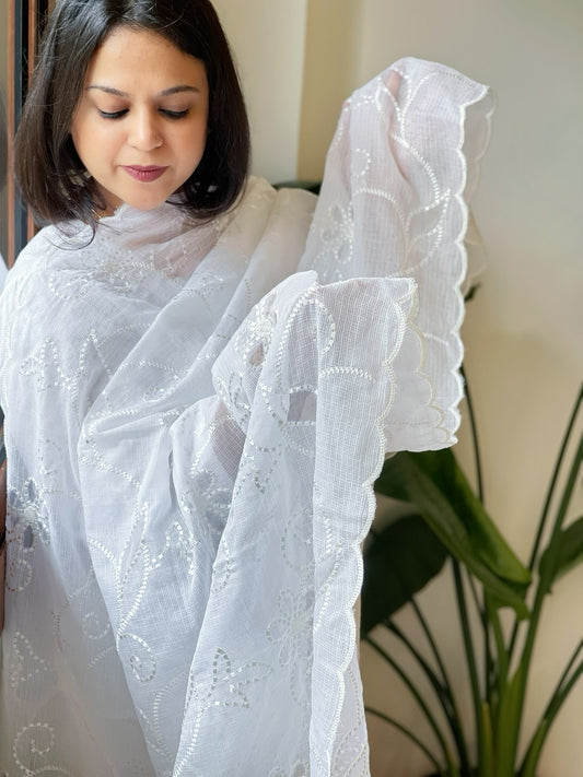 White Jaal Cut Work Dupatta in Kota Cotton
