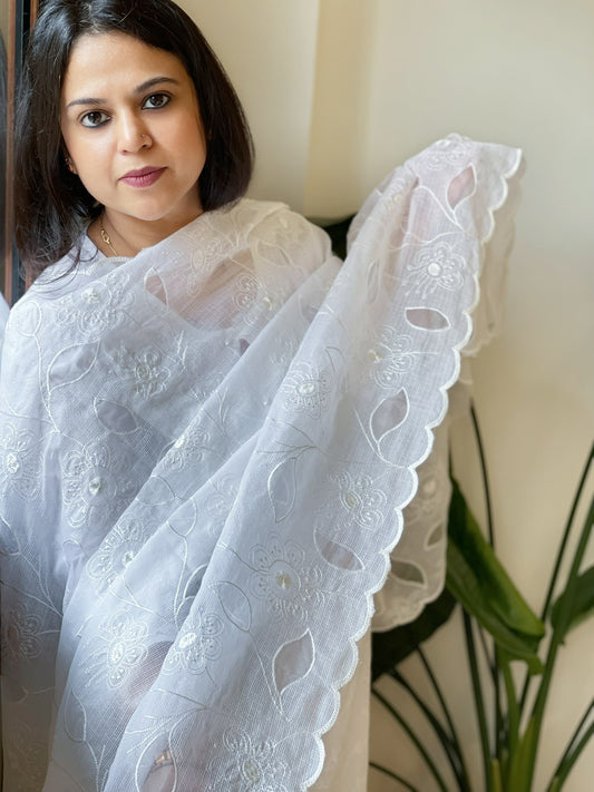 White Jaal Cut Work Dupatta in Kota Cotton