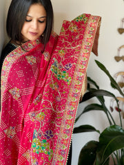 Coral Pink Printed Bandhej Chinon Dupatta with Embroidery