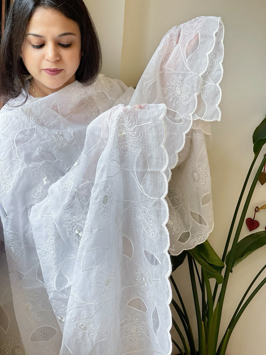 White Jaal Cut Work Dupatta in Kota Cotton