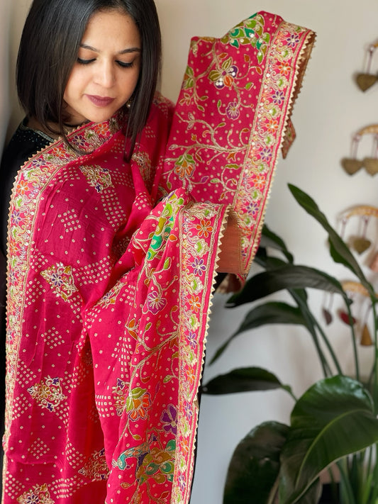 Coral Pink Printed Bandhej Chinon Dupatta with Embroidery