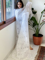 White Jaal Cut Work Dupatta in Kota Cotton