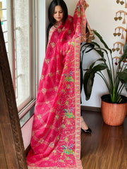 Coral Pink Printed Bandhej Chinon Dupatta with Embroidery