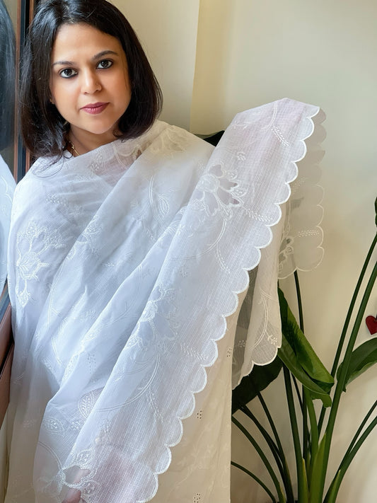 White Jaal Cut Work Dupatta in Kota Cotton
