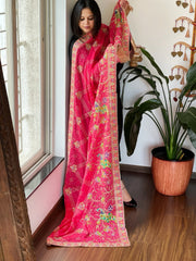 Coral Pink Printed Bandhej Chinon Dupatta with Embroidery