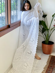White Jaal Cut Work Dupatta in Kota Cotton