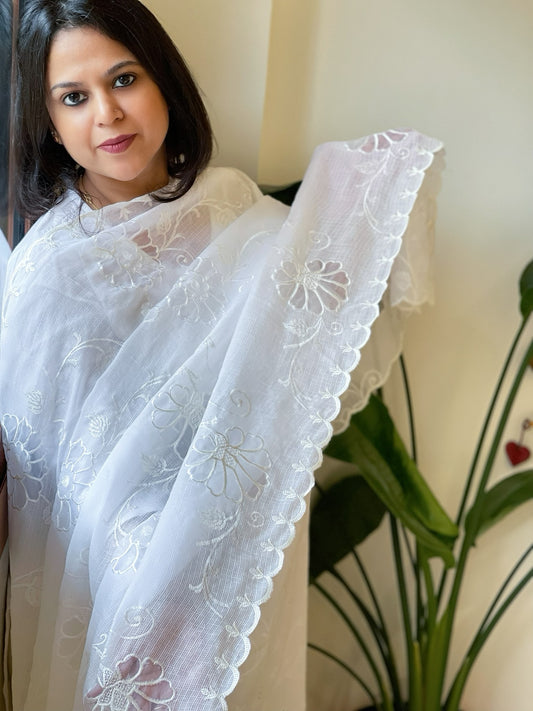 White Jaal Cut Work Dupatta in Kota Cotton
