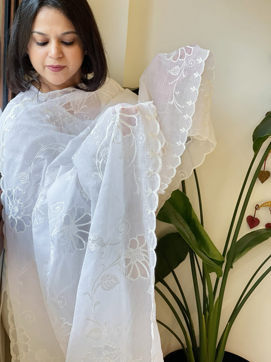 White Jaal Cut Work Dupatta in Kota Cotton