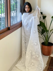 White Jaal Cut Work Dupatta in Kota Cotton