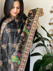 Charcoal Black Printed Bandhej Chinon Dupatta with Embroidery