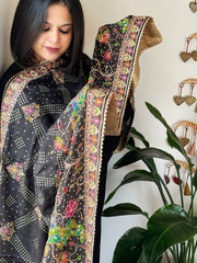 Charcoal Black Printed Bandhej Chinon Dupatta with Embroidery