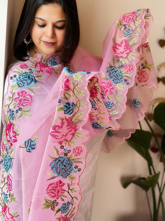 Pink Kota Cotton Dupatta with Thread Embroidered Border
