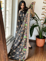 Charcoal Black Printed Bandhej Chinon Dupatta with Embroidery