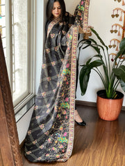 Charcoal Black Printed Bandhej Chinon Dupatta with Embroidery