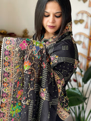 Charcoal Black Printed Bandhej Chinon Dupatta with Embroidery