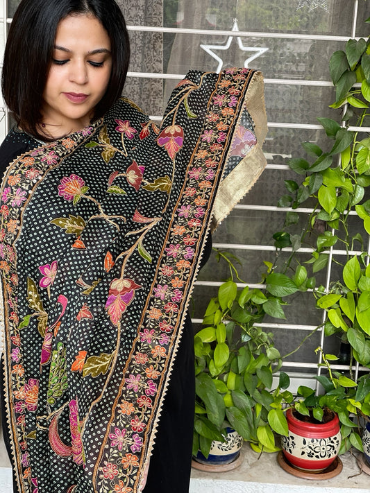 Charcoal Black Printed Bandhej Chinon Dupatta with Embroidery