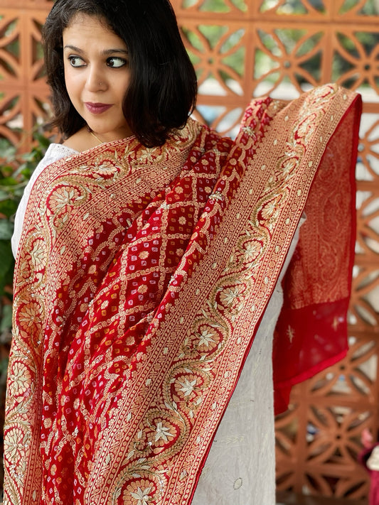 Red Handwoven NeemZari Bareek Bandhani with Dabka Handwork in Pure Georgette