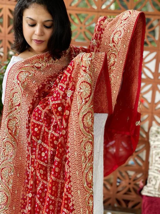 Red Handwoven NeemZari Bareek Bandhani with Dabka Handwork in Pure Georgette