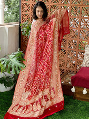 Red Handwoven NeemZari Bareek Bandhani with Dabka Handwork in Pure Georgette