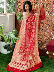 Red Handwoven NeemZari Bareek Bandhani with Dabka Handwork in Pure Georgette