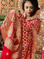 Red Handwoven NeemZari Bareek Bandhani with Dabka Handwork in Pure Georgette