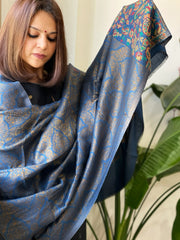 Blue Woven Pashmina Zari Shawl with Kaani Pallu