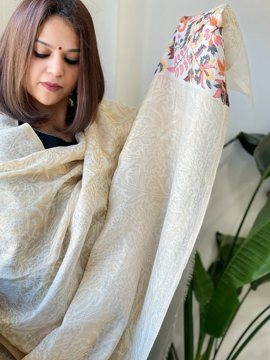 Off-White Woven Pashmina Zari Shawl with Kaani Pallu
