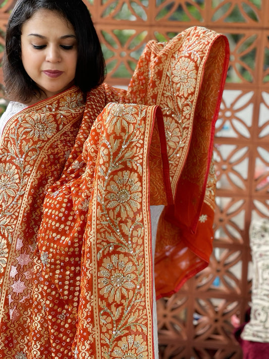 Orange Handwoven NeemZari Bareek Bandhani with Dabka Handwork in Pure Georgette