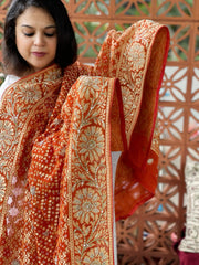 Orange Handwoven NeemZari Bareek Bandhani with Dabka Handwork in Pure Georgette