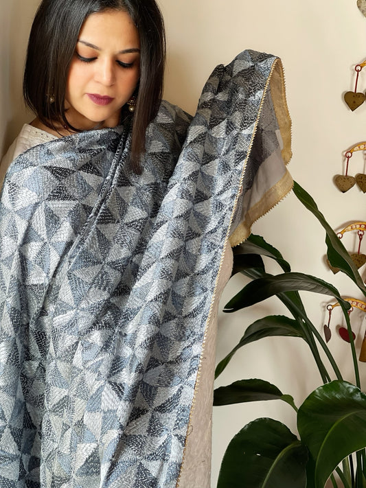 Grey Handmade Jaal Phulkari Dupatta in Pure Chinon